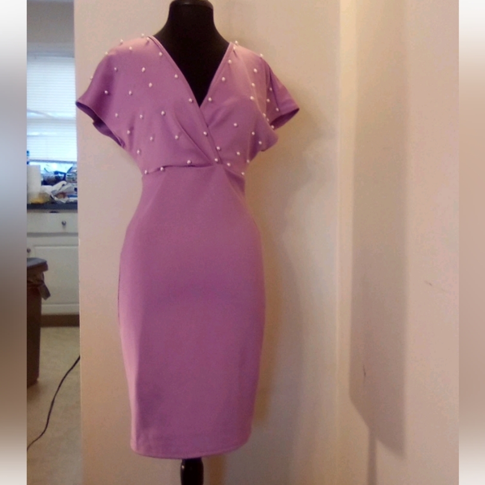 UNBRANDED MEDIUM Purple Flutter Sleeve Sheath Midi Dress - Picture 3 of 4